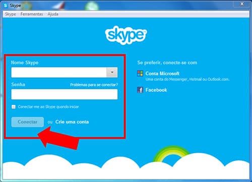 Tela fazer login Skype